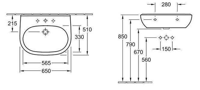 Раковина 650х510мм, с 1 отв.д/смесит., (цв. 01 белый)  ZZ Villeroy & Boch O.Novo 51606501