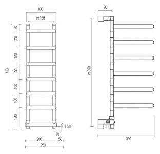 Полотенцесушитель Art.585/6/200/250x390хh730мм, (цв.хром), (эл.+Box, подкл. справа), Margaroli 585 ZZ Margaroli Vela 585/6/200/250 CR (Эл.+Box)