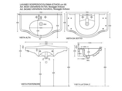 Раковина 95х54хh24см, с 1 отв.д/смесителя, (крепёж в копл.),  ZZ Galassia Ethos 8434M