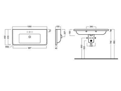 Раковина 100х45см, 1 отв.д/смесит., без крепл. арт. YR47, Erika pro ZZ Hatria Erika Pro YXGN01