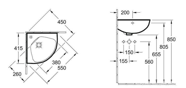 Раковина 415х415мм, с 1 отв.д/смесит., угловая, (цв. 01 белый),  ZZ Villeroy & Boch O.Novo 73274001