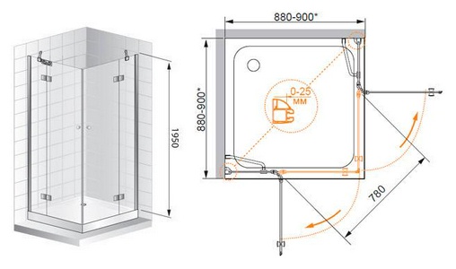 Душ. уголок 900х900хh1950мм, квадратный, 2 расп.двери, вход 780мм, с 2-мя неподв.сегм., (стекло прозр. 6мм, фурн/хром),  ZZ Cezares Verona VERONA-A-2-90-C-Cr