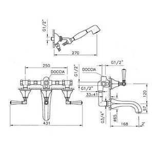 Смеситель для ванны, встраиваемый в стену, с душевым гарнитуром, (встраив.часть смесит., излив, лейка, кронштейн, шланг в компл.), (цв. хром), ZZ Nicolazzi Teide 1903 CR 05