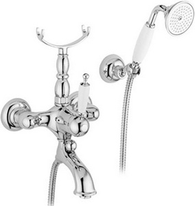 Смеситель для ванны, лейка, шланг, кронштейн в компл., (цв. хром, ручка цв. белый),  ZZ Gaia Canterbury RB 6302 CR