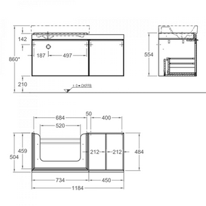 Тумба 1184хh554х504мм, полочка справа, 2 выдв. ящ, 1 внутр ящ, д/уст. с рак. арт. 123575, (цв. тёмный дуб, стекл. фр/панель чёрн цв.), креп/комп ZZ Geberit Citterio 500.562.JJ.1