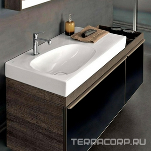 Тумба 1184хh554х504мм, полочка справа, 2 выдв. ящ, 1 внутр ящ, д/уст. с рак. арт. 123575, (цв. тёмный дуб, стекл. фр/панель чёрн цв.), креп/комп ZZ Geberit Citterio 500.562.JJ.1