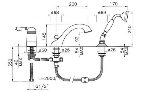 Смеситель д/в, встрав. в борт на 3 отв., лейка, шланг, кронштейн в компл., (цв.Tuscan brass темная бронза, ручка El Capitan),  ZZ Nicolazzi Classico 3414 TB 75