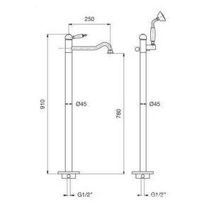 Смеситель для ванны, напольный, труба 1шт., лейка, шланг, кронштейн в компл., (цв. бронза, ручка цв. белый),  ZZ Gaia Julia RB 6360 BR