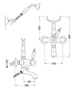 Смеситель для ванны, лейка, шланг, кронштейн в компл., (цв. бронза, ручка цв. белый),  ZZ Gaia Canterbury RB 6302 BR