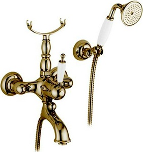 Смеситель для ванны, лейка, шланг, кронштейн в компл., (цв. бронза, ручка цв. белый),  ZZ Gaia Canterbury RB 6302 BR