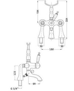 Смеситель для ванны, напольный, трубы 2шт., крепёж к сифону, лейка, шланг, кронштейн в компл., (цв. бронза, ручка цв. белый),  ZZ Gaia Canterbury RB 6300/C BR