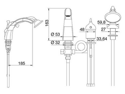 Смеситель для ванны, встраиваемый в борт на 3 отв., лейка, шланг д/д в компл., (цв. бронза),  KL 3M Piccadilly 2165 UU