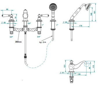 Смеситель на ванну встраив., на 4 отв., с душ.гарн., (цв. золото (Dore))  ZZ THG Vendome G47-F01-00112BG