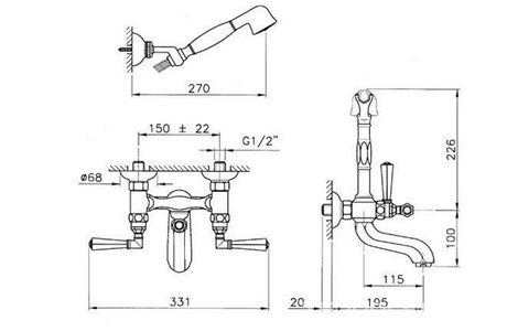 Смеситель для ванны с душевым гарнитуром и кронштеном (цв.латунь), Nicolazzi ZZ Nicolazzi Teide 1902 GB 05