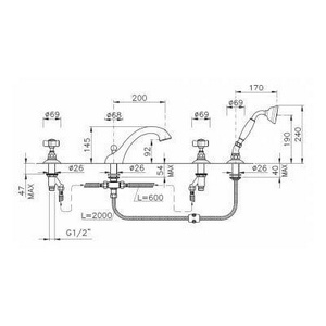 Смеситель для ванны на 4 отв. (цв. GF/золото, ручки Dames Anglaises), Nicolazzi ZZ Nicolazzi Classica 1404 GF18