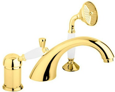 Смеситель для ванны встраиваемый в борт на 3 отв., с душевым гарнитуром (лейка, шланг), (цв.золото, ручка цв.белый),  ZZ Cezares Elite ELITE-BVDM-03-Bi