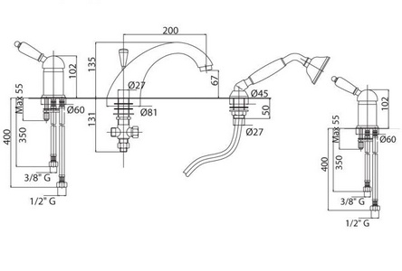 Смеситель для ванны встраиваемый в борт на 3 отв., с душевым гарнитуром (лейка, шланг), (цв.золото, ручка цв.белый),  ZZ Cezares Elite ELITE-BVDM-03-Bi