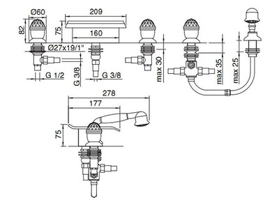 Смеситель для ванны, встраиваемый в борт, на 5 отв., излив каскад, шланг, лейка д/д в компл., (цв. хром/золото),  ZZ 3M Okay Swarovski 4672 CD