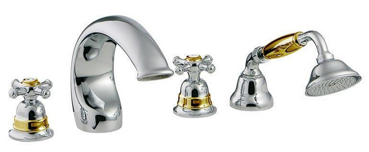 Смеситель для ванны, встраиваемый в борт ванны с душ. гарн., высокий излив на 4 отв. (хром/золото)  ZZ 3M Old italy 4471 CD