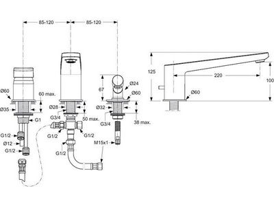 Смеситель для ванны, встраиваемый в борт на 3 отв., лейка, шланг 150см в компл., (цв.хром),  ZZ Ideal Standard Tonic II A6348AA