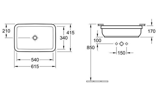 Раковина встраиваемая снизу, прямоугольная 540(615)х340(415)h170мм, без отв.д/смес, с переливом, крепл.в компл.,(цв.01 white),  ZZ Villeroy & Boch Architectura 41776001