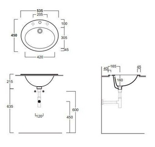 Раковина врезная 53х45cм, с 1 отв. д/смес., с переливом, (цв. белый), Desmo ZZ Simas Универсал S 52