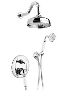 Смеситель для душа, встаив. в стену с переключ., c верхн.стацион. душем 30см, лейка, шланг, кронштейн в компл., (цв. хром, ручка белая),  ZZ Gaia Canterbury RB 6398/30 CR