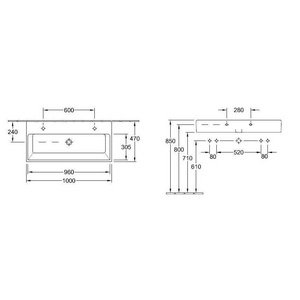 Раковина 1000х470хh140мм, для устан. на мебель, 2 отв. д/смесит, с переливом, крепёж, шаблон в компл., (цв. R1 White cer+),  ZZ Villeroy & Boch Memento 5133AKR1