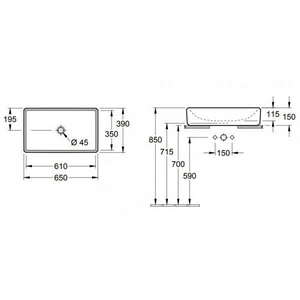 Раковина прямоуг. 650х390хh150мм, для устан.на столешн.,без отв. д/смес.,перелива и незапираемого сливн.клапана,(цв. R2 st.white cer+), ZZ Villeroy & Boch Antheus 4A1065R2