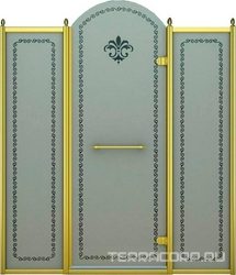 Дверь в нишу 1300x2118мм, (1275-1325)xh2118, с двумя неподв. сегмен, "Правая" петли прав,(вход 560мм), (стек/мат с прозр/узор, 8мм, фурн/зол),Retro ZZ