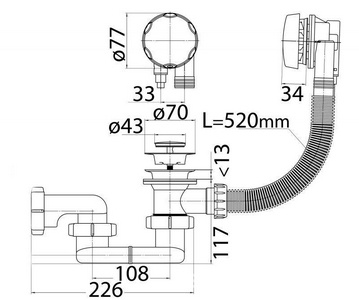 Слив-перелив для ванны, полуавтомат, стандатный, длина гофры 520мм, ручка перелива и пробка слива пластик цв.хром в компл., Cezares ZZ Cezares Универсал CZR-STP1-01