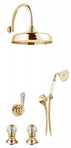 Смеситель для душа, встаив. в стену с переключ., c верхн.стацион. душем 30см, лейка, шланг, кронштейн в компл., (цв. золото, ручка и перекл. Swarovski Gaia Julia RB 8320/30/ RB19214/S/ RB19502/S