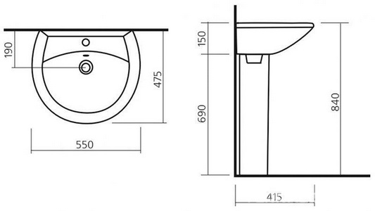 Раковина " 55", 550x475x150 мм, с 1 отв., без комплекта крепежа, белый Sanita Аттика WB.PD/Attica/55-C/WHT.G/S1 (ATC55SAWB01)
