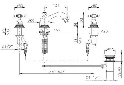 Смеситель для биде, на 3 отв., с д/к, (цв.гальван.золото, ручки 36),  ZZ Nicolazzi Impero 1215 GB 36