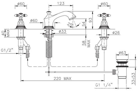 Смеситель для ванны, с душевым гарнитуром (лейка, шланг в компл.), (цв.гальван.золото, ручки 36),  ZZ Nicolazzi Impero 1201 GB 36