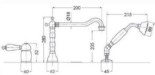Смеситель для ванны, встраиваемый в борт, на 3 отв., шланг, лейка в компл., (цв. золото),  ZZ Gaia Phoenix RN 3355 ORO