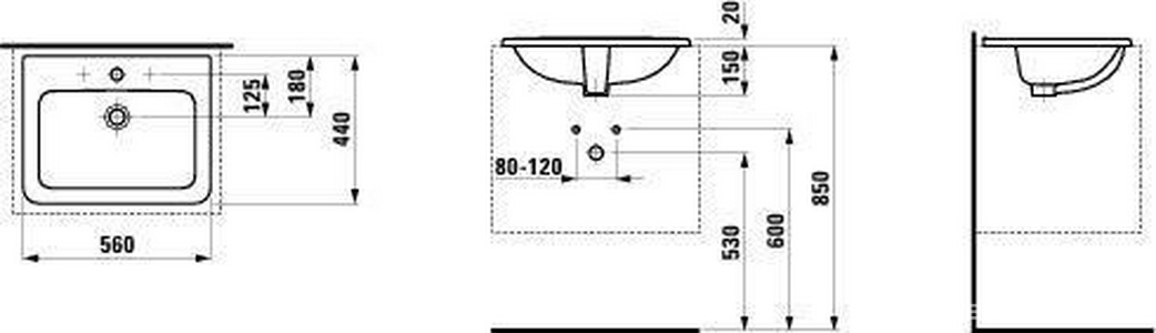 Раковина встраиваемая в столешницу сверху, прямоуг. 56х44см, с 1 отв.д/смес, с переливом,  ZZ Laufen Pro 8.1396.1.000.104.1
