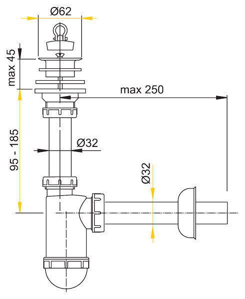 Сифон для умывальника диаметр 32 с нержавеющей решёткой диаметр 63 мм