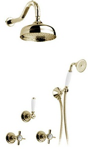 Смеситель для душа, встраив. в стену с переключ., c верхн.стацион. душем  20см, лейка, шланг, кроншт в компл., (цв. золото),  ZZ Gaia Princeton RB 820/20 OR