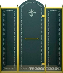 Дверь в нишу 1500x2118мм, (1475-1525)x2118, с двумя неподв. сегмент, "правая" петли справа(вход 600мм), (стек/проз с мат/узор, 8мм, фурн/зол), ZZ Cezares Retro RETRO-B-13-150-CP-G-R