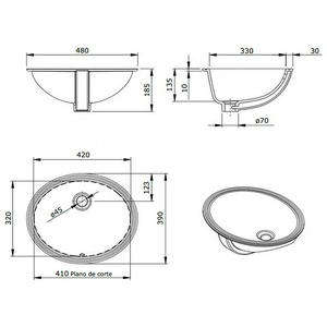 Раковина для установки под столешницу, овальная 42(48)х32(38)хh13,5см,  ZZ Sanindusa Simple 108750004
