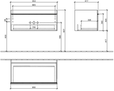 Тумба 953хh420х502мм, д/раковины 1000мм, (1 выдв.отдел., 1 контейн.д/акс, 1+2 стекл.разд,сифон,креп.в комп),(ручк.хр.цв.FP серый глянц),  ZZ Villeroy & Boch Venticello A93501FP