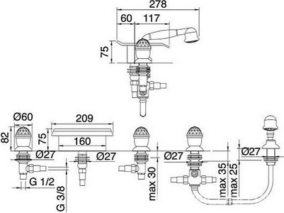 Смеситель для ванны, встраиваемый в борт, на 5 отв., излив каскад, шланг, лейка д/д в компл., (цв. золото),  ZZ 3M Okay Swarovski 4672 DD