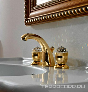 Смеситель для ванны, встраиваемый в борт, на 5 отв., излив каскад, шланг, лейка д/д в компл., (цв. золото),  ZZ 3M Okay Swarovski 4672 DD