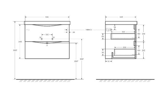 База под раковину подвесная с двумя выкатными ящиками, 650х450х500мм, (цв.Rovere Moro),  ZZ BelBagno Marino MARINO-650-2C-SO-RW-P