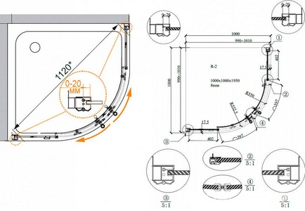 Душевой уголок 1000х1000хh1950мм, 1/4 круга, R550мм, две раздвижные  двери, (стекло прозрачное с мат.узором, 8мм, фурнит. цв.бронза),  ZZ Cezares Retro RETRO-A-R-2-100-SCORREVOLE-CP-Br