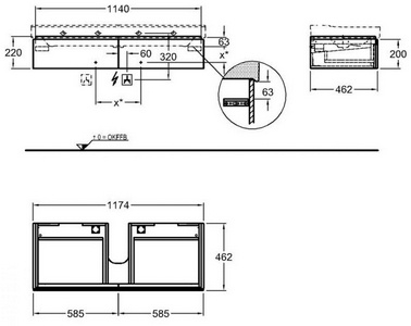 Тумба под раковину подвесная, 1174хh220х462мм, 2 выдв.ящика, монтаж с раковиной 1200мм, (цв. белый глянец), крепёж в компл.,  ZZ Geberit Xeno2 500.517.01.1