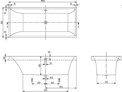 Ванна 1800х800х500мм, кварил, (цв. 01 белый), ножки пласт. h145-180мм в компл., (без удлинённого слива-перелива),  ZZ Villeroy & Boch Squaro UBQ180SQR2V-01