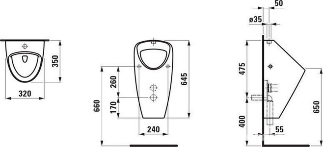 Писсуар 320х350хh685мм, с сист.смыва на датчике, от сети 220В, скрытый подвод воды из стены, без сифона для писсуара,  Plus ZZ Laufen Caprino 8.4206.5.000.401.1