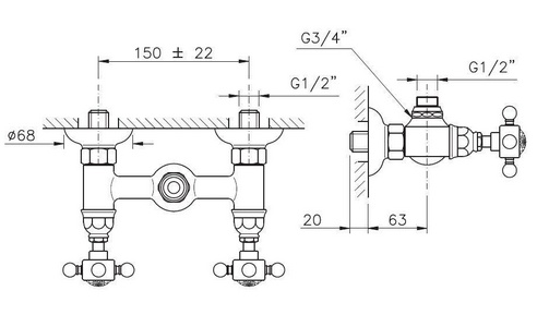Смеситель для душа двухвентильный, (цв.гальван.золото, ручки Dames Anglaises), Nicolazzi ZZ Nicolazzi Tradizionale 1425 GB 18